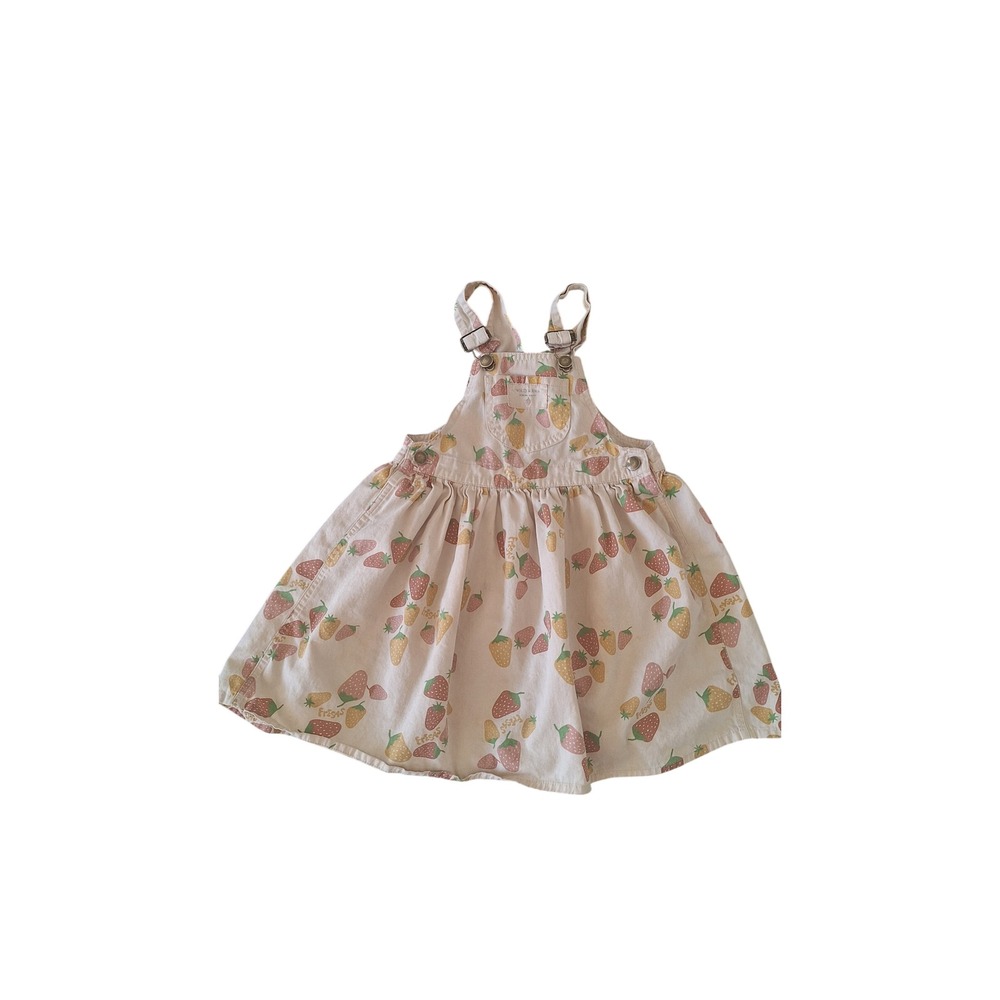 Wild Wawa Kids Strawberry Print Pinafore Overall Dress Pink Cream Size 5-6Y